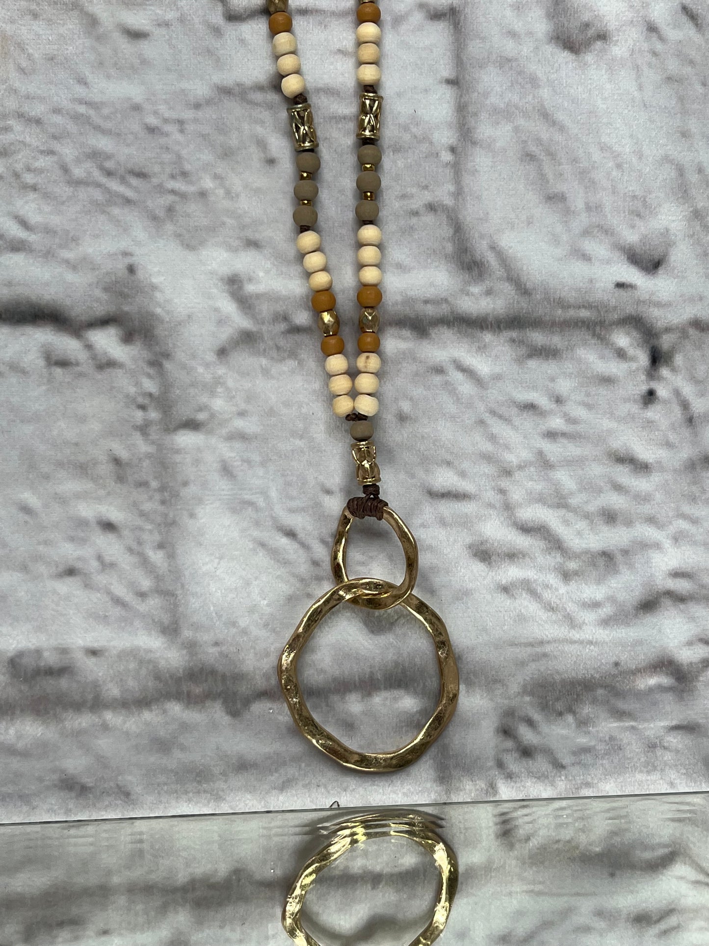 Wood Beads w/ 2 Gold Circles Necklace