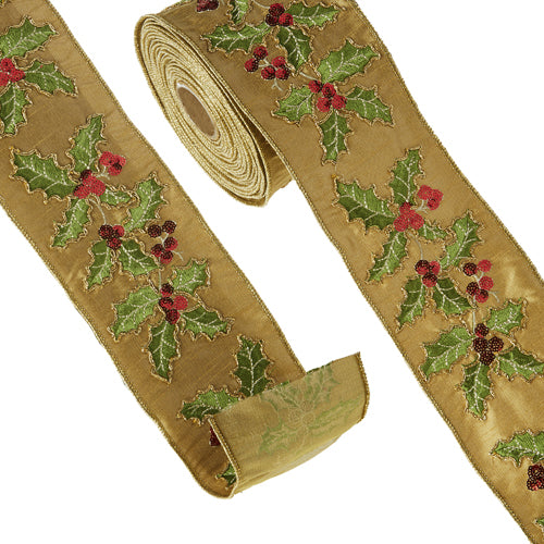 Holly Embroidered Wired Ribbon