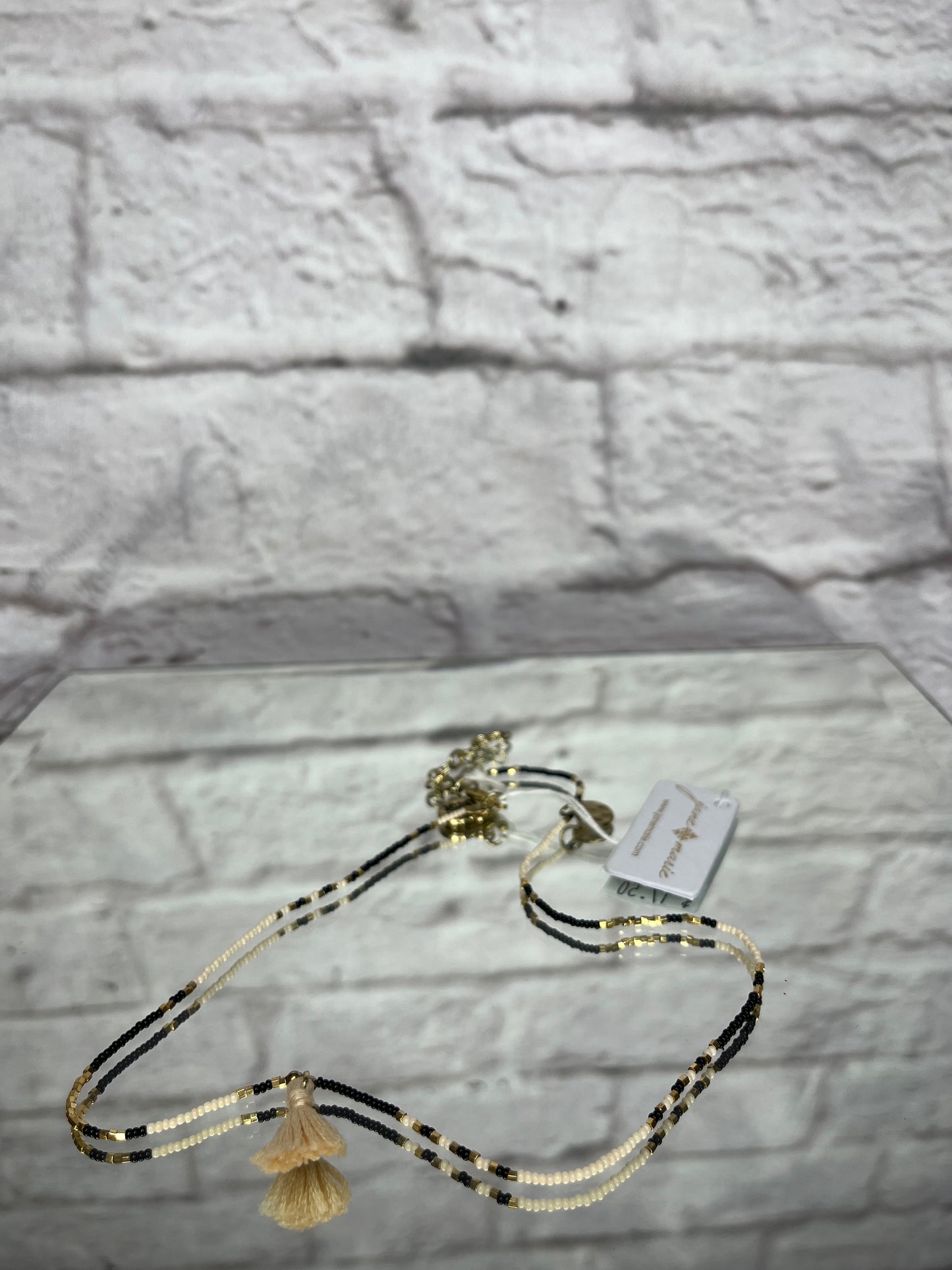 Ivory & Black Beaded Tassel Necklace