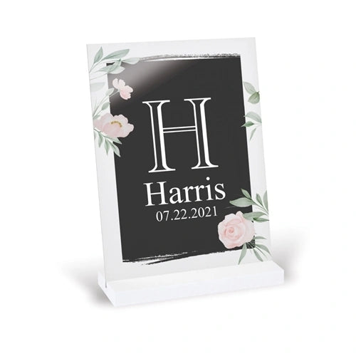 Glass Block Black with Pink Floral hardwood stand